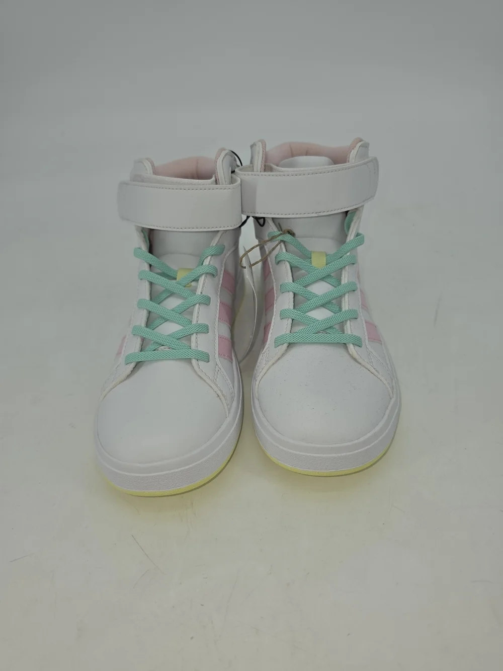 Adidas High-Top Sneakers in White with Pink Stripes and Mint Laces Y 5.5 W 7.5